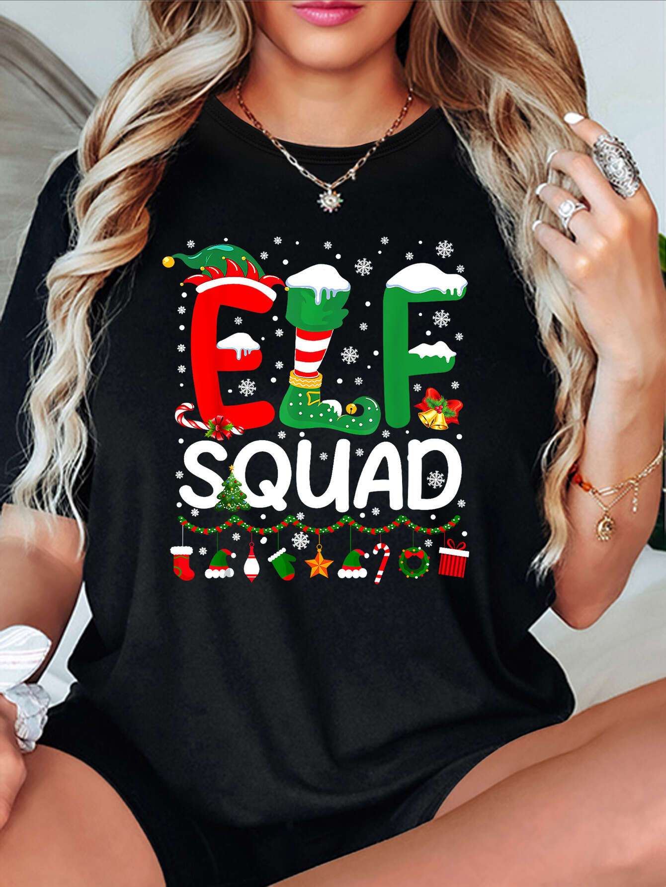 Womens Elf Squad Christmas TShirt Festive Black Crew Neck with Colorful Holiday Graphics Harajuku Short Sleeve Casual S
Womens Elf Squad Christmas TShirt Festive Black Crew Neck with Colorful Holiday Graphics Harajuku Short Sleeve Casual S