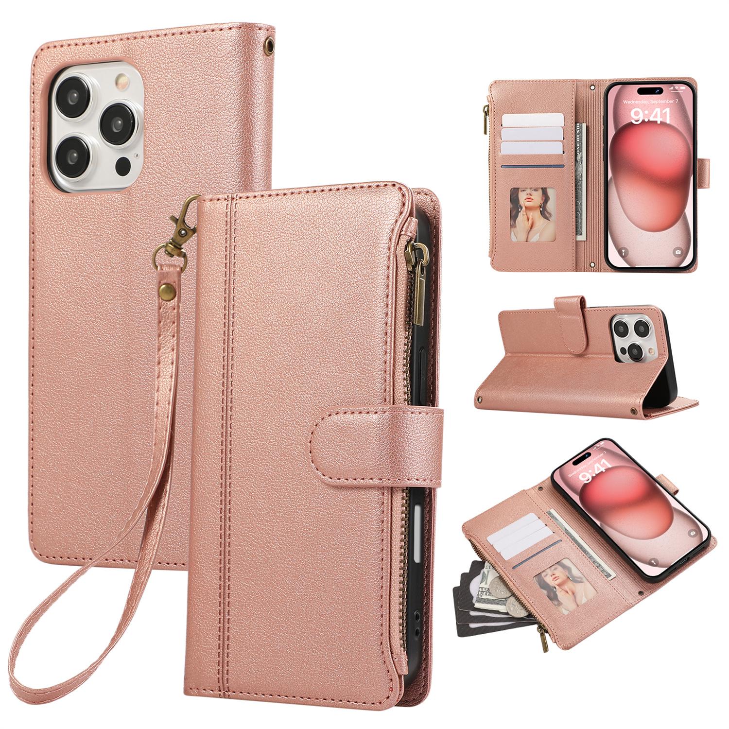For iPhone 16 Pro Max Case Multi Card Slots Zipper Leather Phone Cover with Wrist Strap Rose Gold
For iPhone 16 Pro Max Case Multi Card Slots Zipper Leather Phone Cover with Wrist Strap Rose Gold