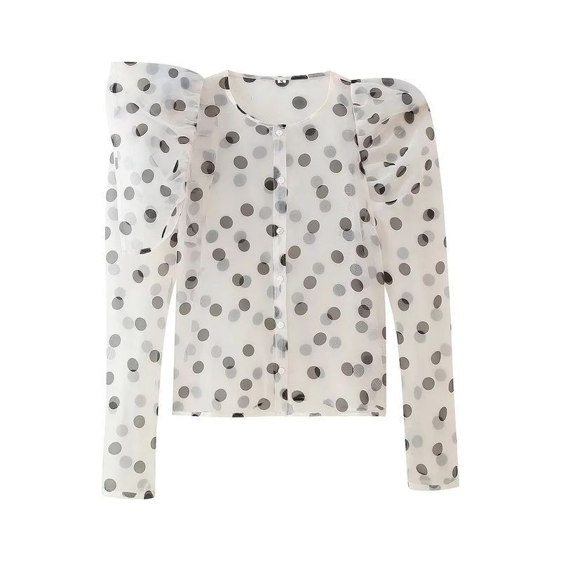 Summer New Product Women s Clothes round Neck Bubble Long Sleeve Single Row Multi-Buckle Double-Layer Yarn Translucent Polka Dot Shirt Tops White L
Summer New Product Women s Clothes round Neck Bubble Long Sleeve Single Row Multi-Buckle Double-Layer Yarn Translucent Polka Dot Shirt Tops White L