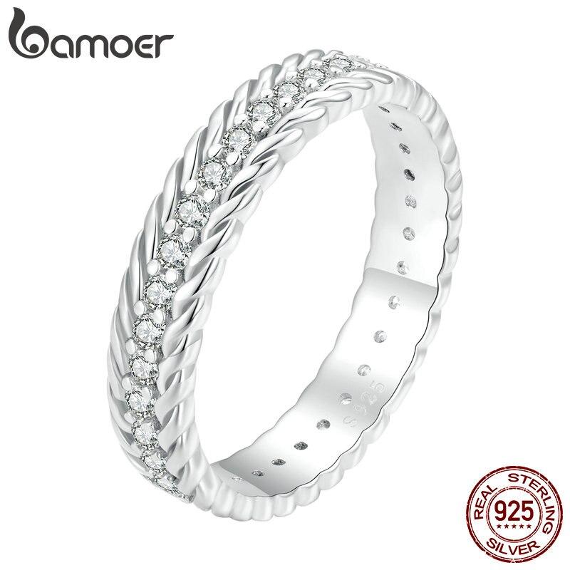 BAMOER, простое витое кольцо из стерлингового серебра 925 пробы, кольцо Eternity Band с фианитом для женщин, подарок на годовщину, ювелирные изделия