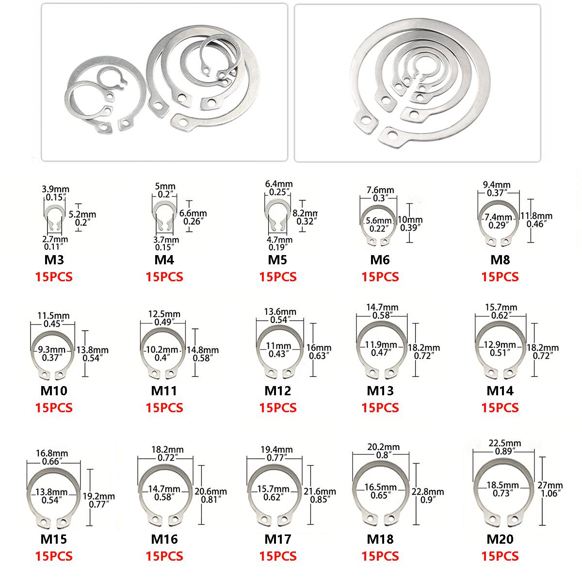 225pcs C-Clips External Fixing Ring Kit 15Sizes 304 Stainless Steel Coil Shaft Assortment Kit M3-M20 Pack Set 225Pcs
225pcs C-Clips External Fixing Ring Kit 15Sizes 304 Stainless Steel Coil Shaft Assortment Kit M3-M20 Pack Set 225Pcs