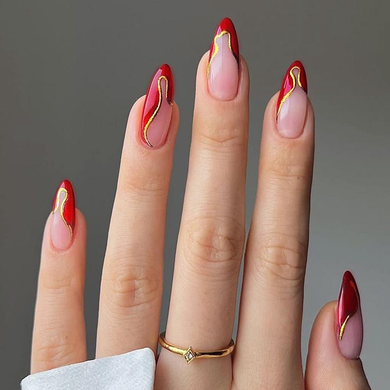 Almond-Shaped French Gold and Red Edge Wearable Nail Patches - Fresh Finished Manicure
Almond-Shaped French Gold and Red Edge Wearable Nail Patches - Fresh Finished Manicure