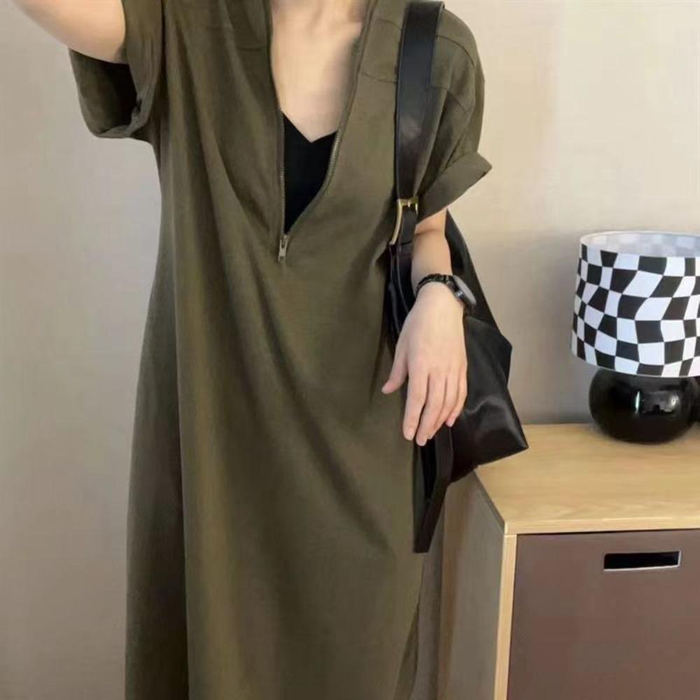 V Neck Simple Long Dress Solid Color Large Size Dress Stylish Loose Dress Women Vacation M зелений
V Neck Simple Long Dress Solid Color Large Size Dress Stylish Loose Dress Women Vacation M зелений