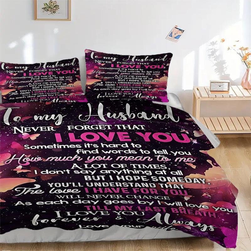 3PCs Love Quotes for Husband Design Cover Set, Breathable Fabric, Machine Washable (1 Duvet Cover + 2 Pillowcases) (Without Quilt) yy250911120 135x200cm
3PCs Love Quotes for Husband Design Cover Set, Breathable Fabric, Machine Washable (1 Duvet Cover + 2 Pillowcases) (Without Quilt) yy250911120 135x200cm