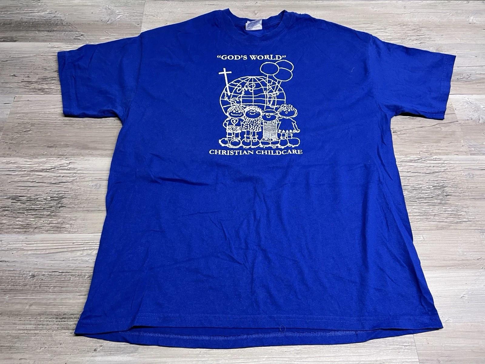 Vintage Y2K Christian Sunday School T-Shirt Gods World Childcare Youth Church XL 4XL
Vintage Y2K Christian Sunday School T-Shirt Gods World Childcare Youth Church XL 4XL