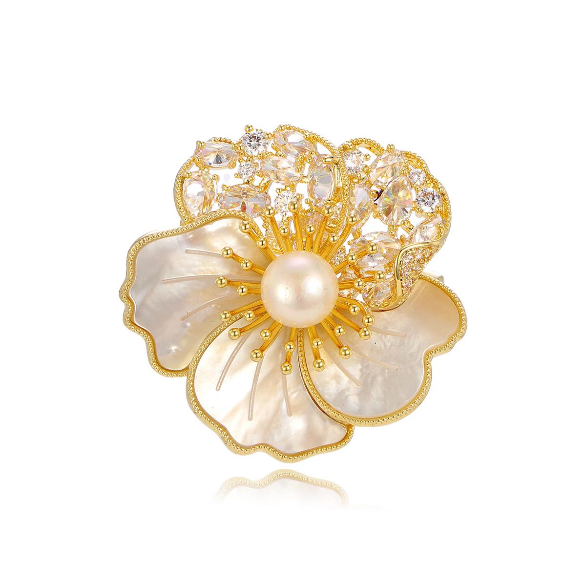 Elegant Shell Camellia Brooch with Zircon & Pearl Accents
Elegant Shell Camellia Brooch with Zircon & Pearl Accents