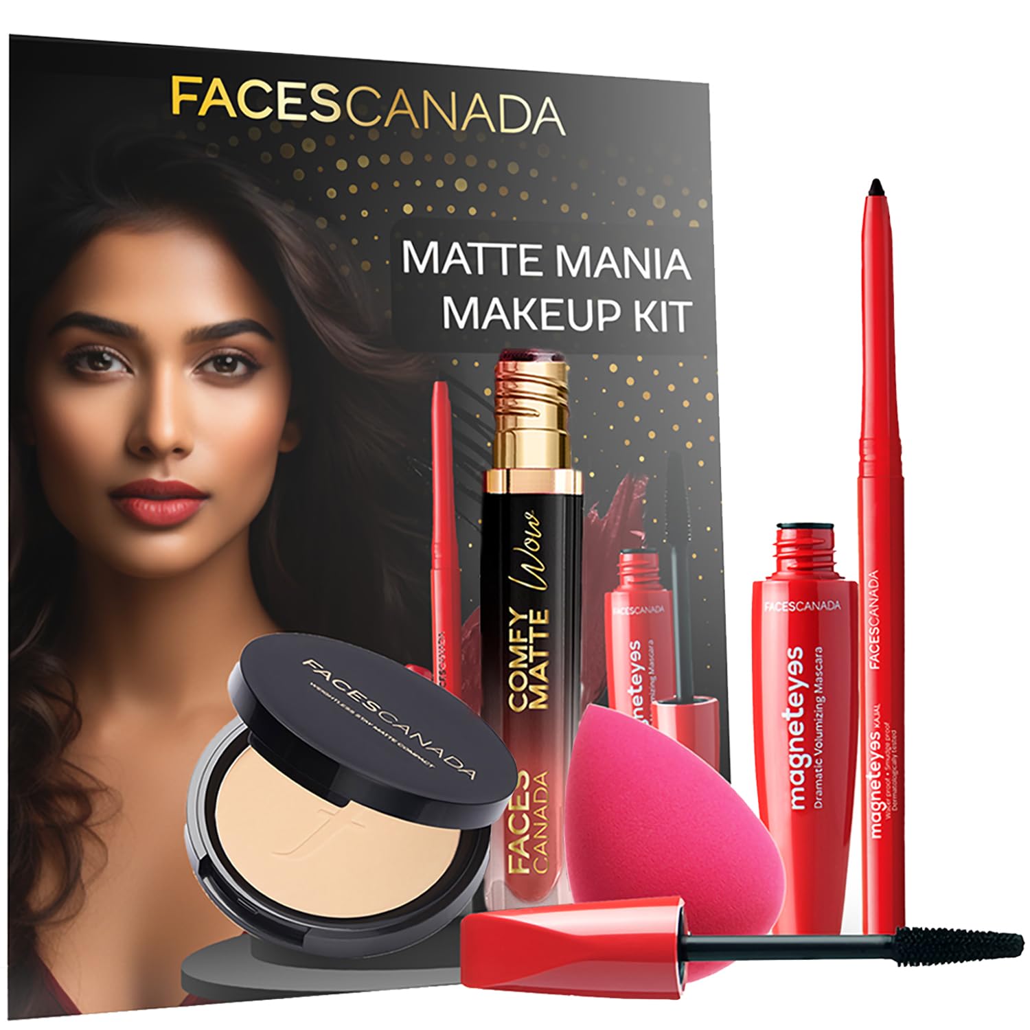 FACES CANADA Matte Mania Makeup Kit - Kajal (0.35g) + Lipstick (3.8ml) + Compact (9g) + Mascara (9.5ml) + Beauty Blender | Pack of 5 | Makeup Kit
FACES CANADA Matte Mania Makeup Kit - Kajal (0.35g) + Lipstick (3.8ml) + Compact (9g) + Mascara (9.5ml) + Beauty Blender | Pack of 5 | Makeup Kit