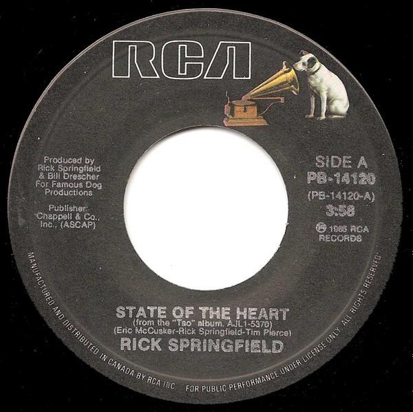 7inch Record RICK SPRINGFIELD - State Of The Heart PB14120 RCA 1985 Canada Dance & Electronica Used
7inch Record RICK SPRINGFIELD - State Of The Heart PB14120 RCA 1985 Canada Dance & Electronica Used