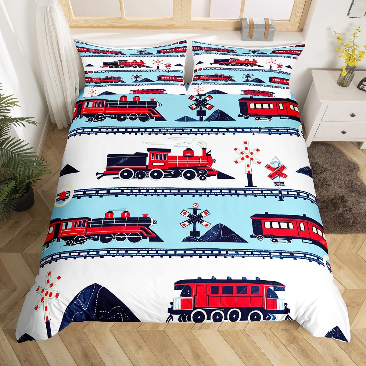 Cartoon Train Bedding Set Full Queen King Vintage Steam Engine Comforter Cover, Travel Railway Track Transportation Duvet Cover 140x200cm 3pcs
Cartoon Train Bedding Set Full Queen King Vintage Steam Engine Comforter Cover, Travel Railway Track Transportation Duvet Cover 140x200cm 3pcs