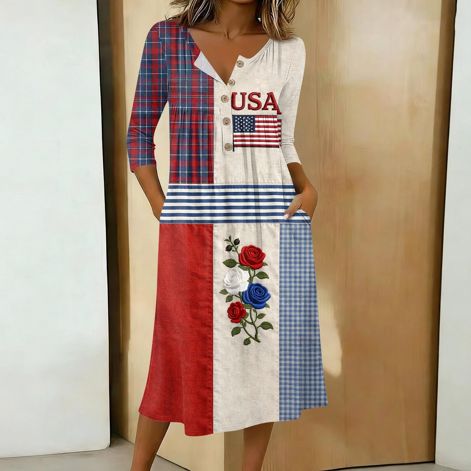 Womens V Neck Patchwork Midi Dress 3/4 Sleeve Lace 4th of july dress independence day dress Casual Loose Fit L
Womens V Neck Patchwork Midi Dress 3/4 Sleeve Lace 4th of july dress independence day dress Casual Loose Fit L