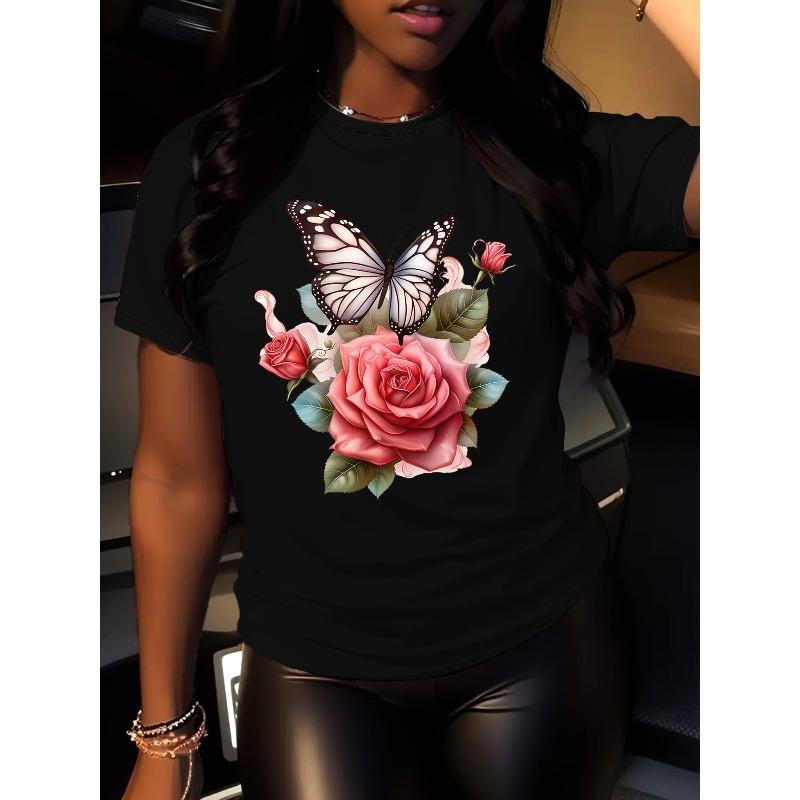Women Floral Butterfly Print T-Shirt Pink Rose Leaf Round Neck Short Sleeve Spring Summer Comfort Machine Washable Casual Top 4XL чорний
Women Floral Butterfly Print T-Shirt Pink Rose Leaf Round Neck Short Sleeve Spring Summer Comfort Machine Washable Casual Top 4XL чорний