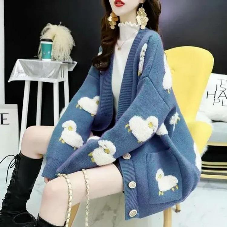 Cute Cartoon Print Knitted Cardigan V Neck Sweater Jacket Loose Streetwear Coat Women Autumn Winter Knit S синий
Cute Cartoon Print Knitted Cardigan V Neck Sweater Jacket Loose Streetwear Coat Women Autumn Winter Knit S синий