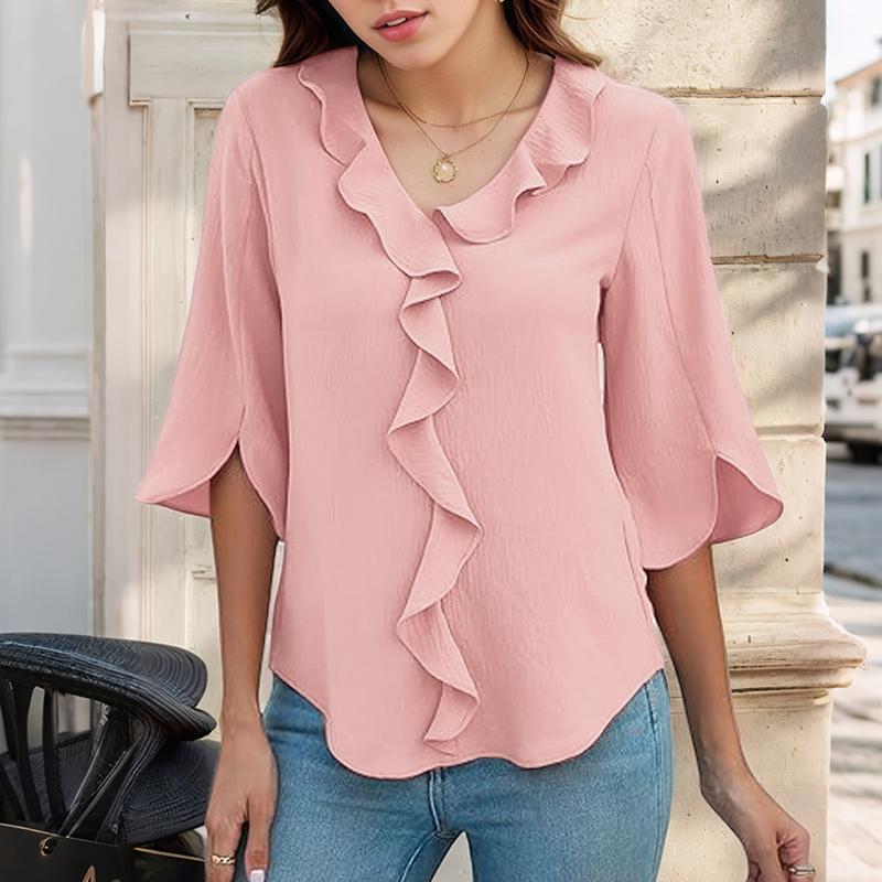 ZANZEA Женская летняя блузка с V-образным вырезом, рукавом 3/4, свободная, с оборками L розовый
ZANZEA Женская летняя блузка с V-образным вырезом, рукавом 3/4, свободная, с оборками L розовый