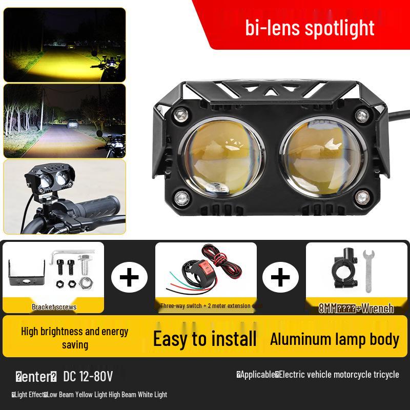 Двухцветная светодиодная мотоциклетная фара: Водонепроницаемый прожектор с режимами дальнего и ближнего света, желтым светом и креплением на зеркало для электромобилей.
Двухцветная светодиодная мотоциклетная фара: Водонепроницаемый прожектор с режимами дальнего и ближнего света, желтым светом и креплением на зеркало для электромобилей.