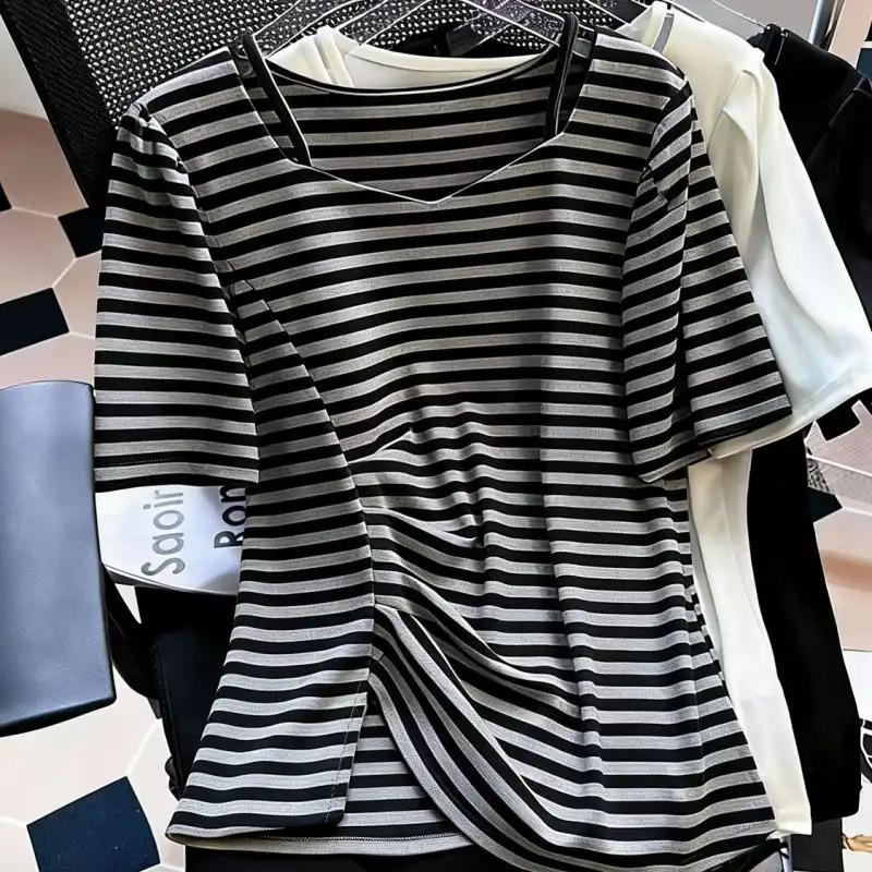 Irregular Summer Design New Oblique Shoulder Striped Short-sleeved Waist Top 5XL сірий
Irregular Summer Design New Oblique Shoulder Striped Short-sleeved Waist Top 5XL сірий