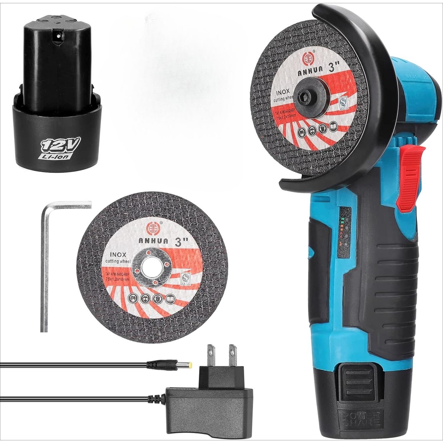 Weytoll 19500rpm Mini Angle Grinder, Cordless Grinder, Cordless Brushless Angle Grinder, 2x12V 1500mAh Battery & 2 Cutting Discs, Black and Blue
Weytoll 19500rpm Mini Angle Grinder, Cordless Grinder, Cordless Brushless Angle Grinder, 2x12V 1500mAh Battery & 2 Cutting Discs, Black and Blue