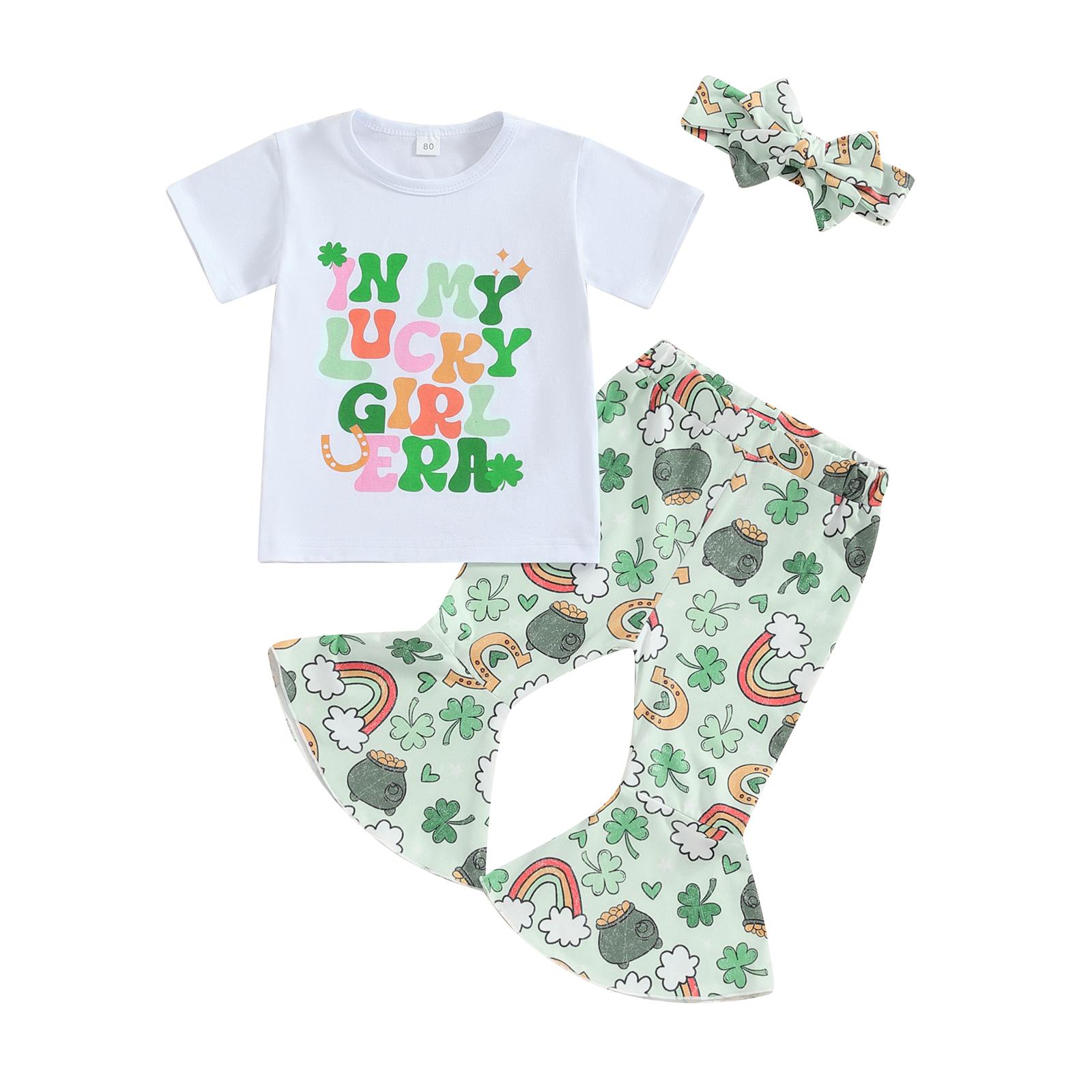 Toddler Girl Irish Festivals Clothes Letter Short Sleeve T-Shirt with Shamrock Pattern Flare Pants and Headband Outfit 6-12 Months зелений
Toddler Girl Irish Festivals Clothes Letter Short Sleeve T-Shirt with Shamrock Pattern Flare Pants and Headband Outfit 6-12 Months зелений