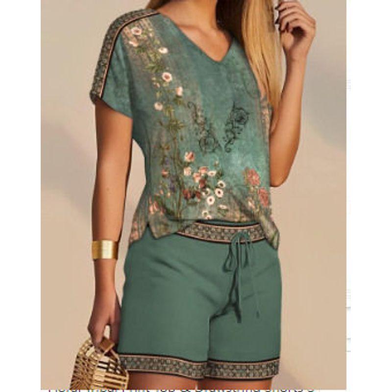 2023 European and American Summer Women s Casual Fashion Printed Comfortable V-Neck Top + Shorts Two-Piece Set Green S
2023 European and American Summer Women s Casual Fashion Printed Comfortable V-Neck Top + Shorts Two-Piece Set Green S