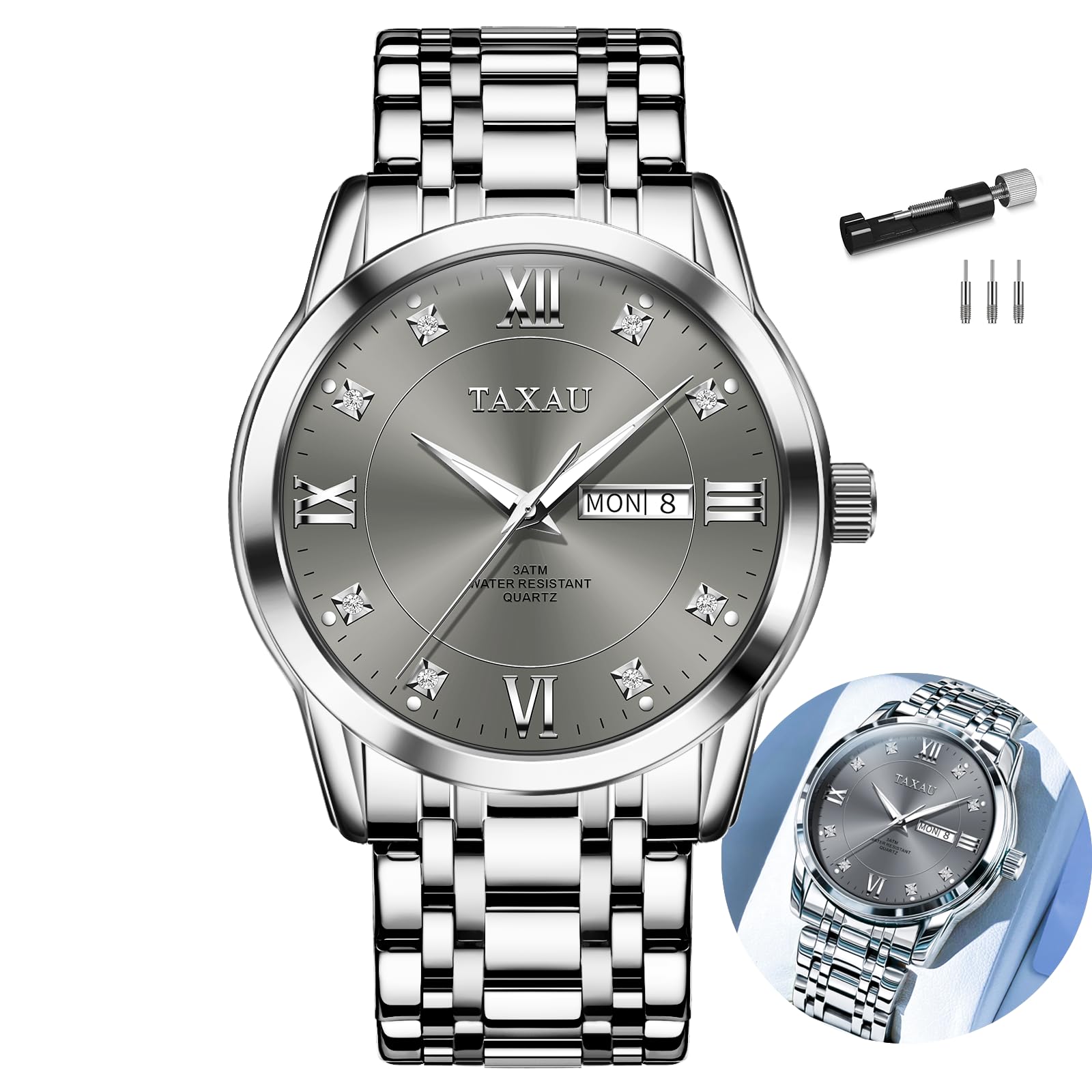 Taxau Men s Quartz Watch Waterproof Gray Dial Date Display Stainless Steel Band Easy to Read (Large)
Taxau Men s Quartz Watch Waterproof Gray Dial Date Display Stainless Steel Band Easy to Read (Large)