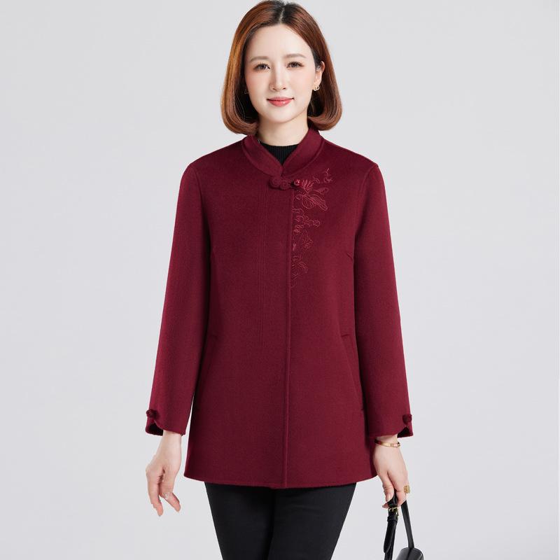 Вышитое кашемировое пальто для женщин - Модное осенне-зимнее шерстяное пальто для женщин среднего и пожилого возраста 2XL (125-135 lbs)