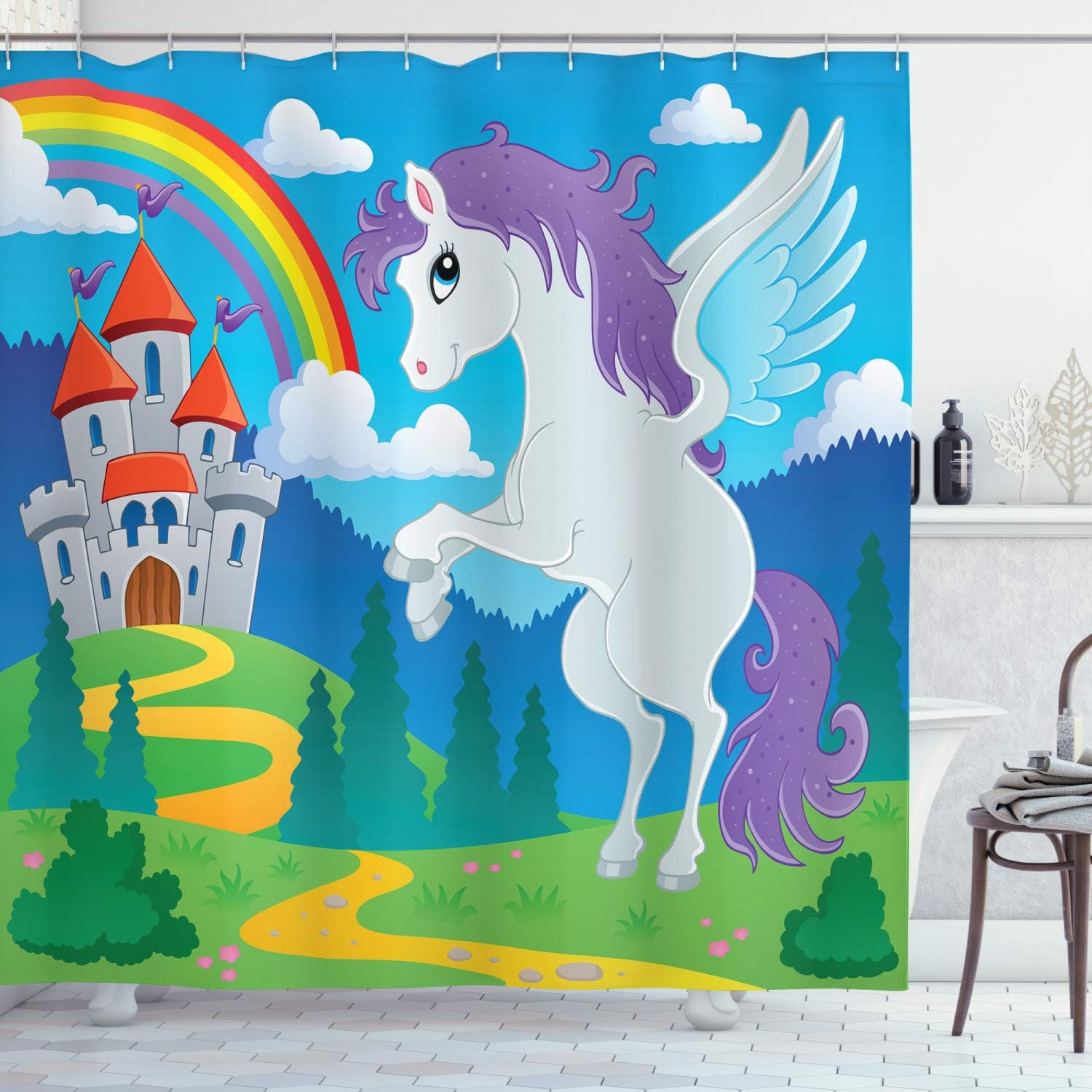 Cartoon Unicorn With Wings Shower Curtain Fairy Tale Castle Rainbow Background Childrens Bathroom Decor Fun Playful Design W60H190(CM)-1 Pcs
Cartoon Unicorn With Wings Shower Curtain Fairy Tale Castle Rainbow Background Childrens Bathroom Decor Fun Playful Design W60H190(CM)-1 Pcs