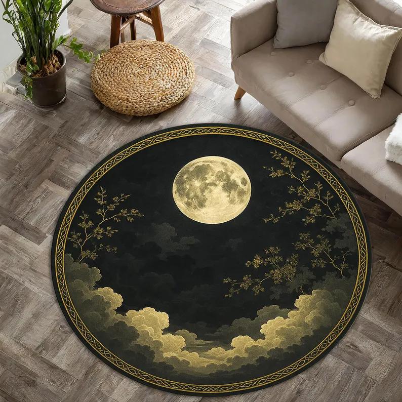Elegant Full Moon Round Rug – Celestial Night Sky Carpet with Clouds and Golden Botanical Accents for Mystic Boho Home Decor 60cmx60cm
Elegant Full Moon Round Rug – Celestial Night Sky Carpet with Clouds and Golden Botanical Accents for Mystic Boho Home Decor 60cmx60cm