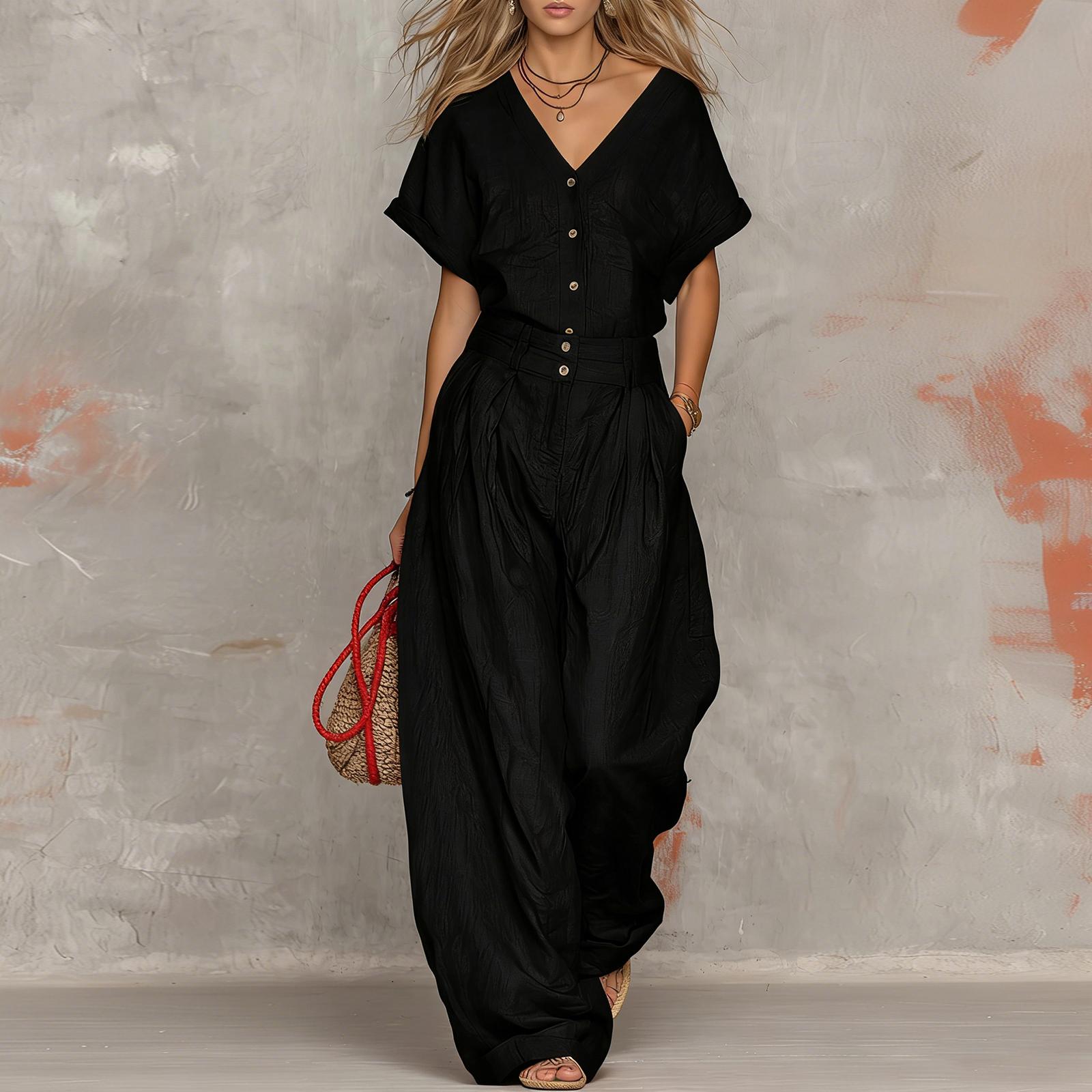 Women V Neck Short Sleeve Button Front Top with Wide Leg Pants Set Casual Two Piece Outfit Summer Loose Fit XXL
Women V Neck Short Sleeve Button Front Top with Wide Leg Pants Set Casual Two Piece Outfit Summer Loose Fit XXL