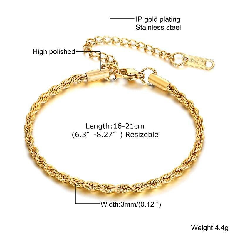 3MM Men s Stainless Steel Twisted Rope Chain Bracelets,Hip Hop Punk Adjustable Gold Color Chain Wristband Gift
3MM Men s Stainless Steel Twisted Rope Chain Bracelets,Hip Hop Punk Adjustable Gold Color Chain Wristband Gift