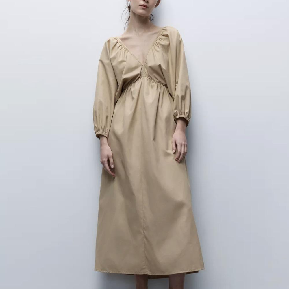 French simple v-neck bubble sleeves sexy backless dress European and American, women s autumn temperament long dress S хаки
French simple v-neck bubble sleeves sexy backless dress European and American, women s autumn temperament long dress S хаки
