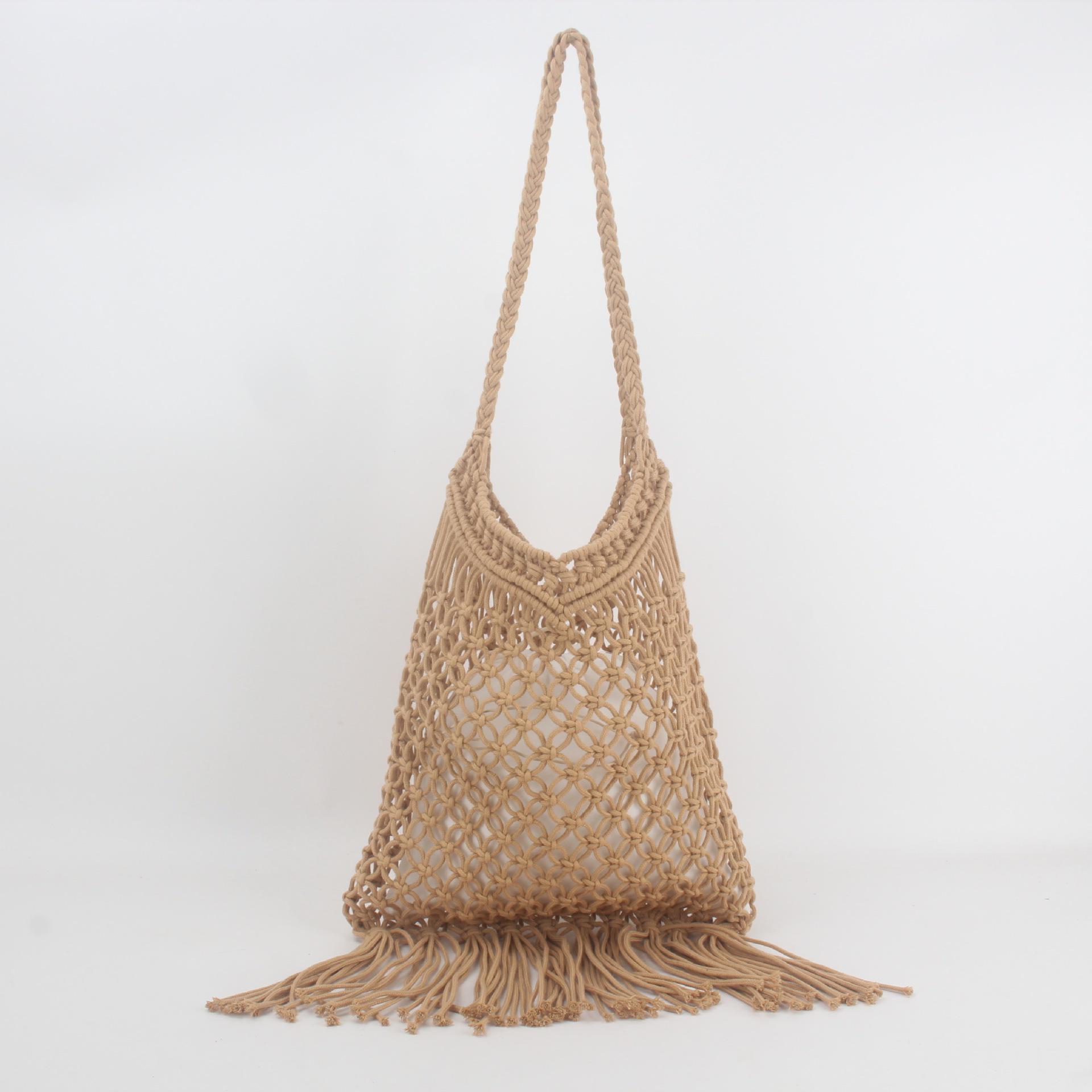 Модная женская плетеная сетчатая пляжная сумка через плечо с кисточками