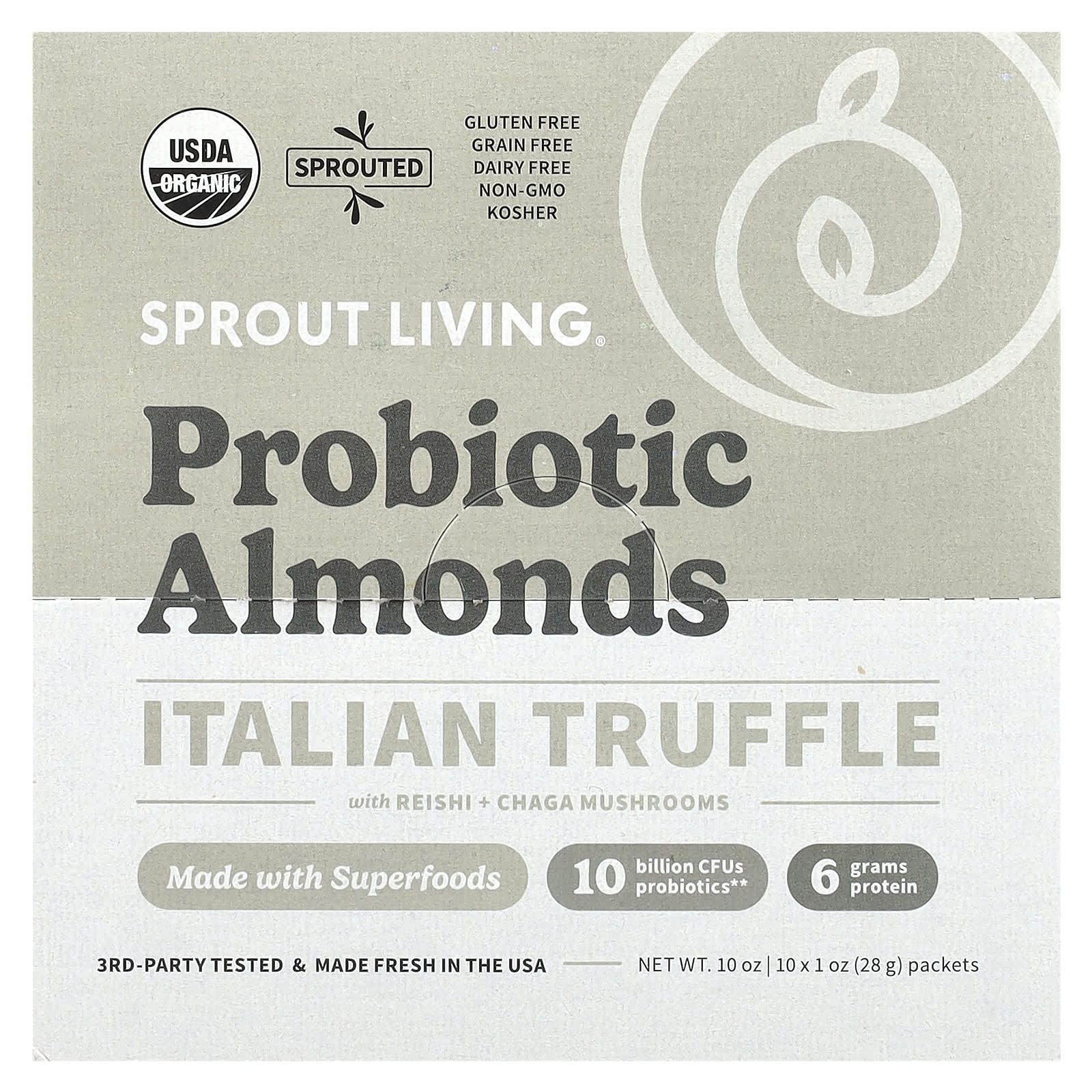Sprout Living, Probiotic Almonds, Italian Truffles, Reishi and Chaga, 10 Packs, 1 oz (28 g)
Sprout Living, Probiotic Almonds, Italian Truffles, Reishi and Chaga, 10 Packs, 1 oz (28 g)