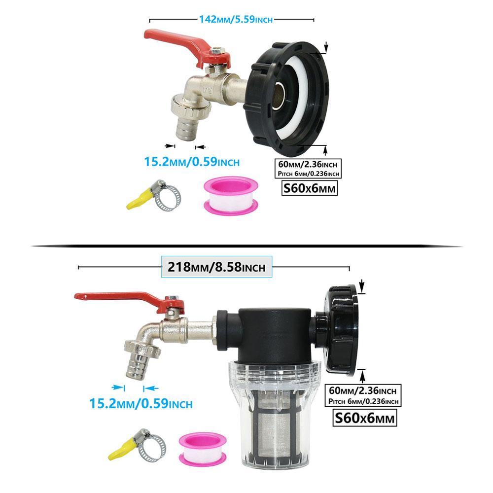 IBC Tank Tap Adapter Filter S60 Thread To 15-16mm Garden Hose Connector Faucet Alloy Ball Valve 1000 Liter Rain Barrel Fitting
IBC Tank Tap Adapter Filter S60 Thread To 15-16mm Garden Hose Connector Faucet Alloy Ball Valve 1000 Liter Rain Barrel Fitting