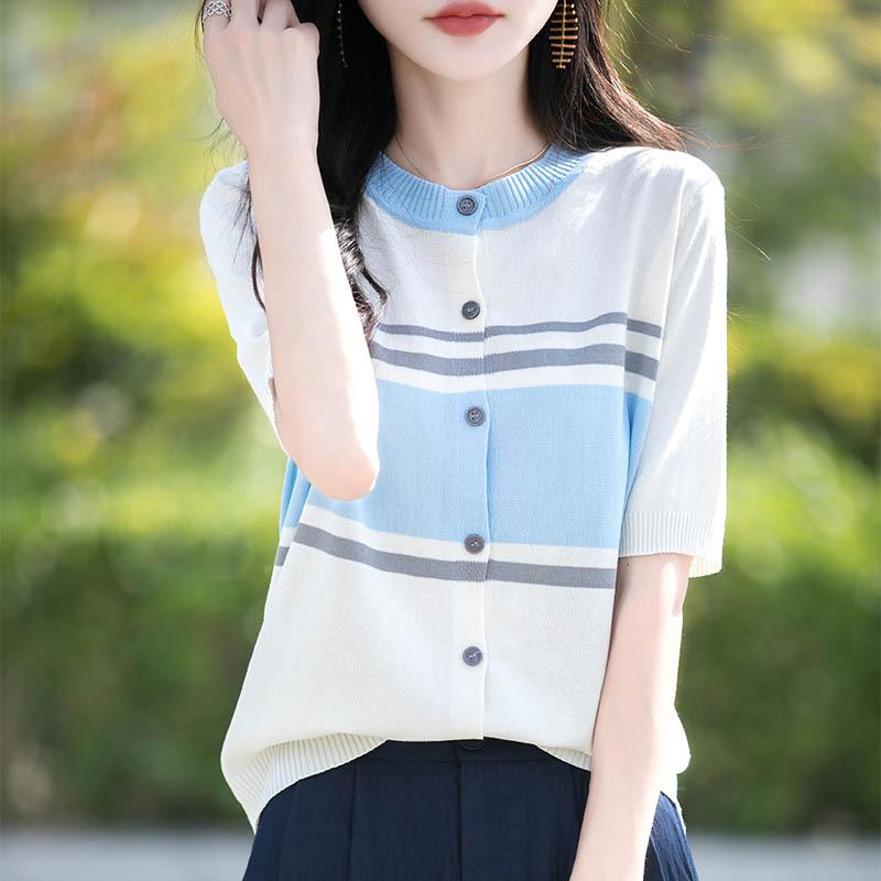 Ice Silk Round Neck Striped Sweater for Women In Summer New Fashionable Versatile Short-sleeved Cardigan T-shirt Top M
Ice Silk Round Neck Striped Sweater for Women In Summer New Fashionable Versatile Short-sleeved Cardigan T-shirt Top M