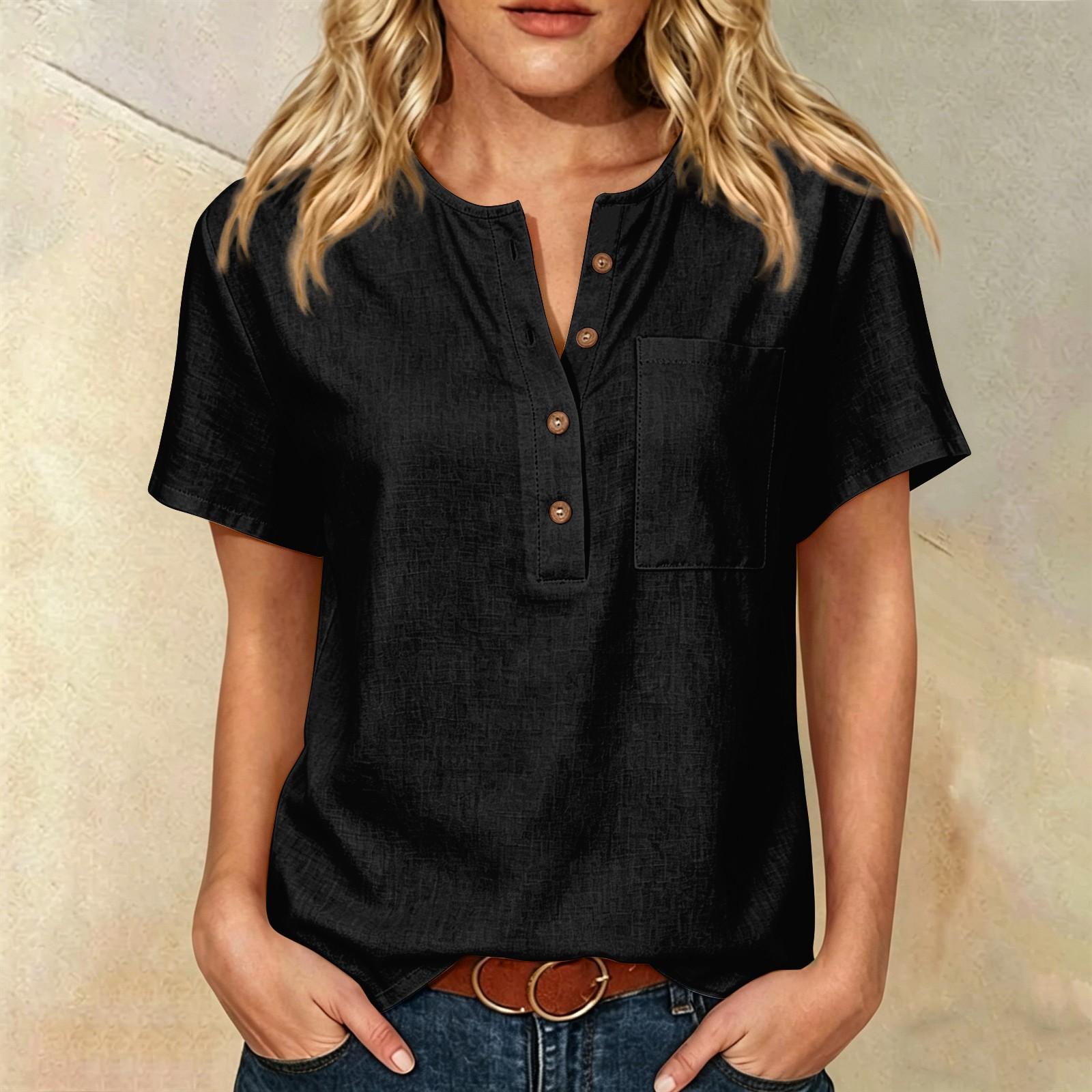 Women Casual Henley Neck Button Front Short Sleeve Cotton Linen Shirt with Chest Pocket Relaxed Fit Blouse Top L чорний
Women Casual Henley Neck Button Front Short Sleeve Cotton Linen Shirt with Chest Pocket Relaxed Fit Blouse Top L чорний