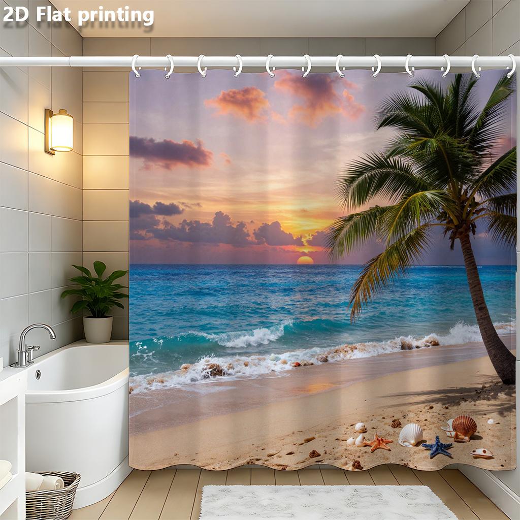 Beach Sunset Shower Curtain 1Pc Polyester 2D Flat Print 70.8X70.8 Palm Tree, Ocean Waves & Shells On White Base W60H190(CM)-1 Pcs
Beach Sunset Shower Curtain 1Pc Polyester 2D Flat Print 70.8X70.8 Palm Tree, Ocean Waves & Shells On White Base W60H190(CM)-1 Pcs