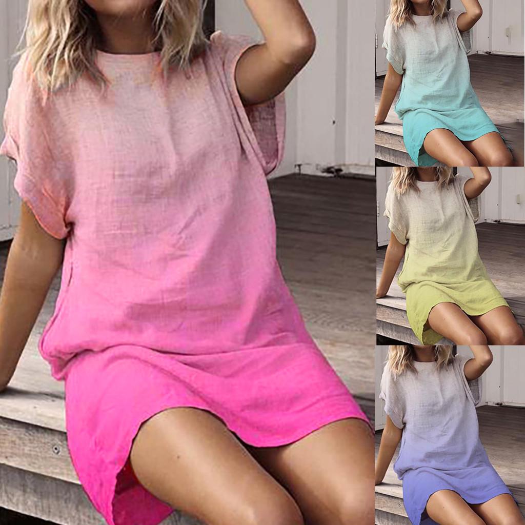 Модное женское платье больших размеров с легким принтом из хлопка и льна с градиентом