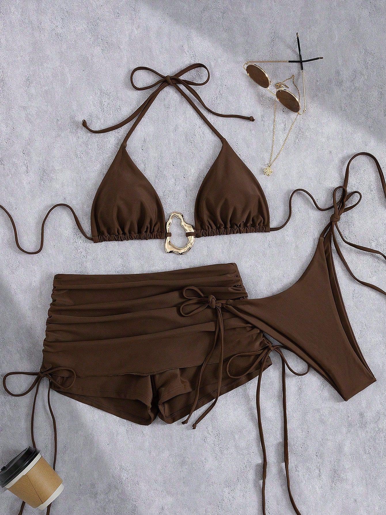 European And American Short Skirts Three-Piece Bikini Retro Solid Color Lace-Up Swimsuit Women S Swimwear XL темно-коричневого кольору
European And American Short Skirts Three-Piece Bikini Retro Solid Color Lace-Up Swimsuit Women S Swimwear XL темно-коричневого кольору