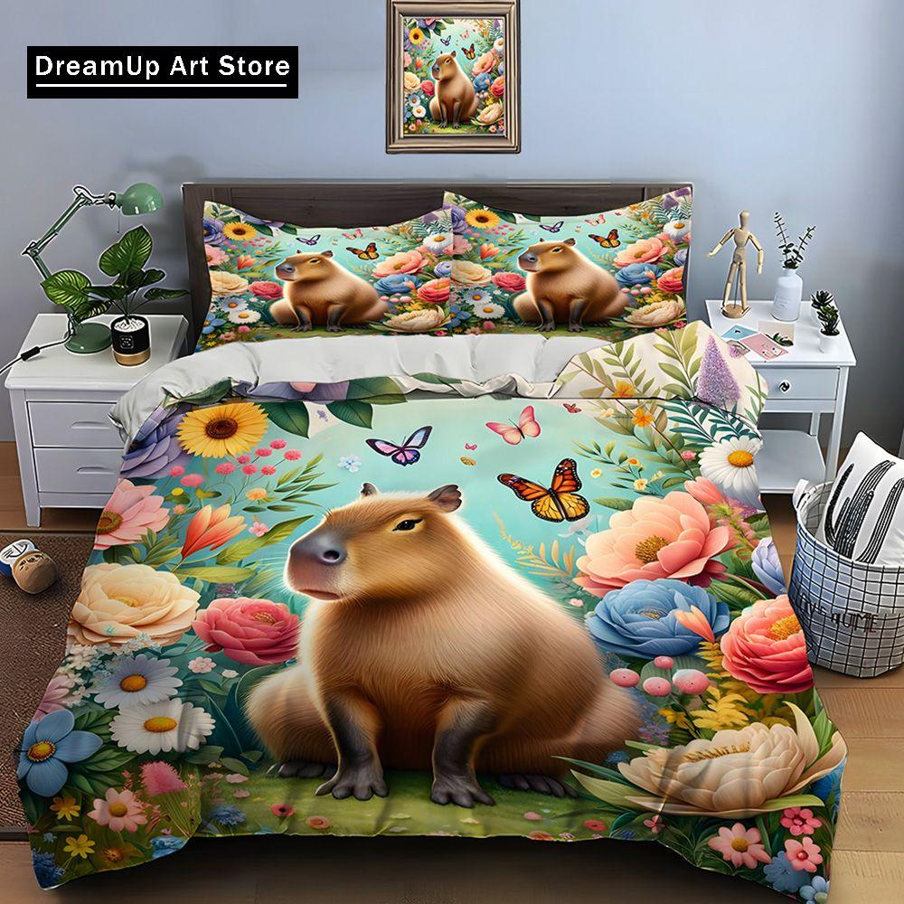 Милый мультяшный принт капибары Постельное белье Пододеяльник 1 Пододеяльник 2 Наволочки Постельное белье для взрослых и детей Роскошные подарки EU Single 90x200cm