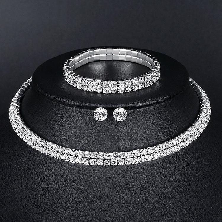 European & American Fashion Rhinestone Jewelry Set: Double Row Necklace, Bracelet, Stud Earrings - Bridal Accessories N4869
European & American Fashion Rhinestone Jewelry Set: Double Row Necklace, Bracelet, Stud Earrings - Bridal Accessories N4869