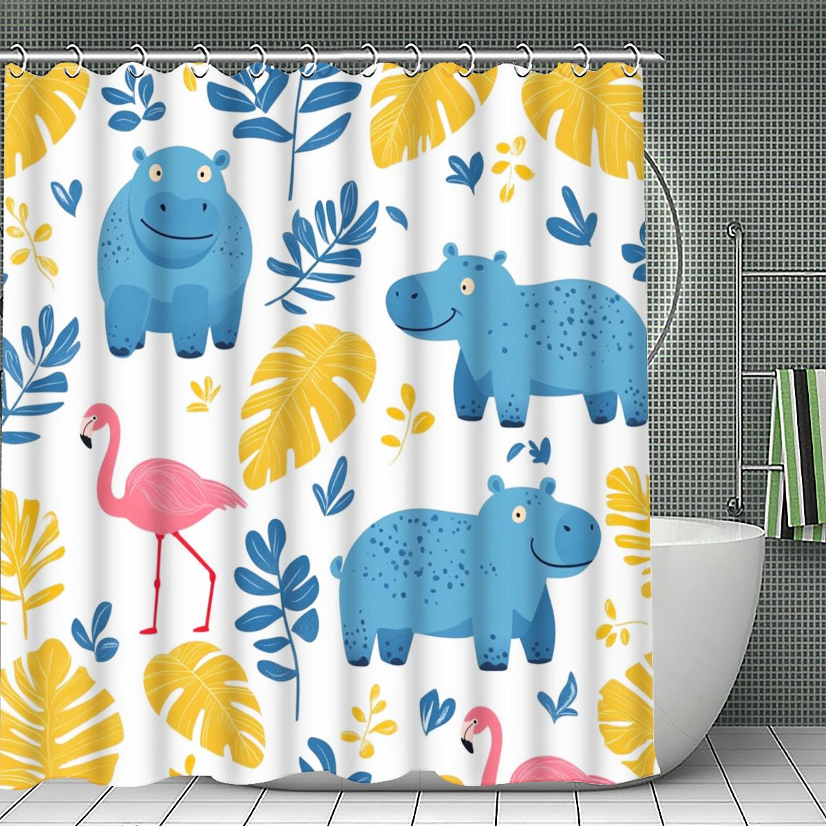 Cartoon Hippo & Flamingo Tropical Leaf Shower Curtain 1Pc With 12 Hooks For Bathroom Home Decor Polyester 2D Flat Print W60H190(CM)-1 Pcs
Cartoon Hippo & Flamingo Tropical Leaf Shower Curtain 1Pc With 12 Hooks For Bathroom Home Decor Polyester 2D Flat Print W60H190(CM)-1 Pcs