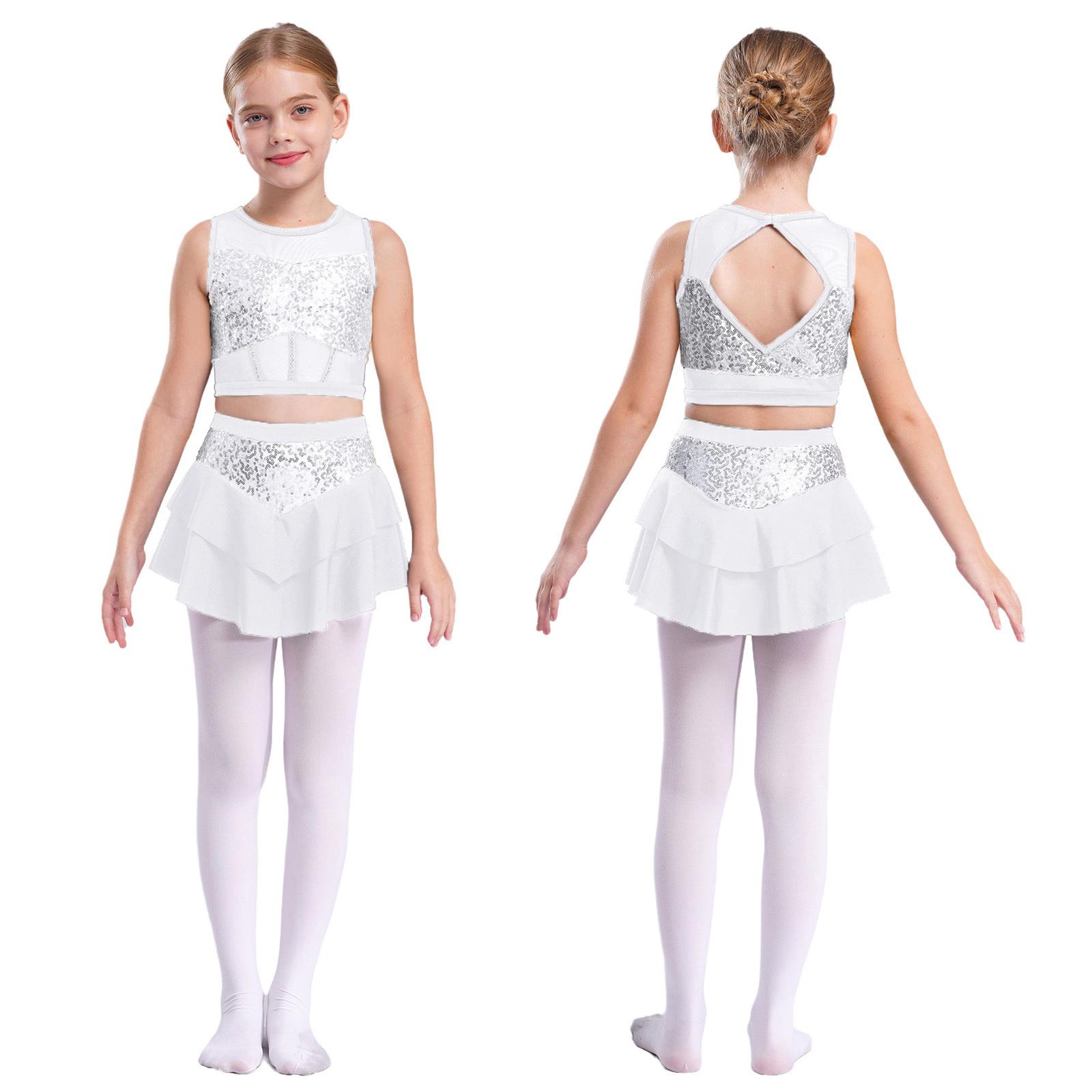 Girls Stage Performance Costume Sleeveless Cutout Back Sheer Mesh Patchwork Shiny Sequins Crop Top With Tiered Skirt for Cheerleading Jazz Dance 5-6 Years білий
Girls Stage Performance Costume Sleeveless Cutout Back Sheer Mesh Patchwork Shiny Sequins Crop Top With Tiered Skirt for Cheerleading Jazz Dance 5-6 Years білий