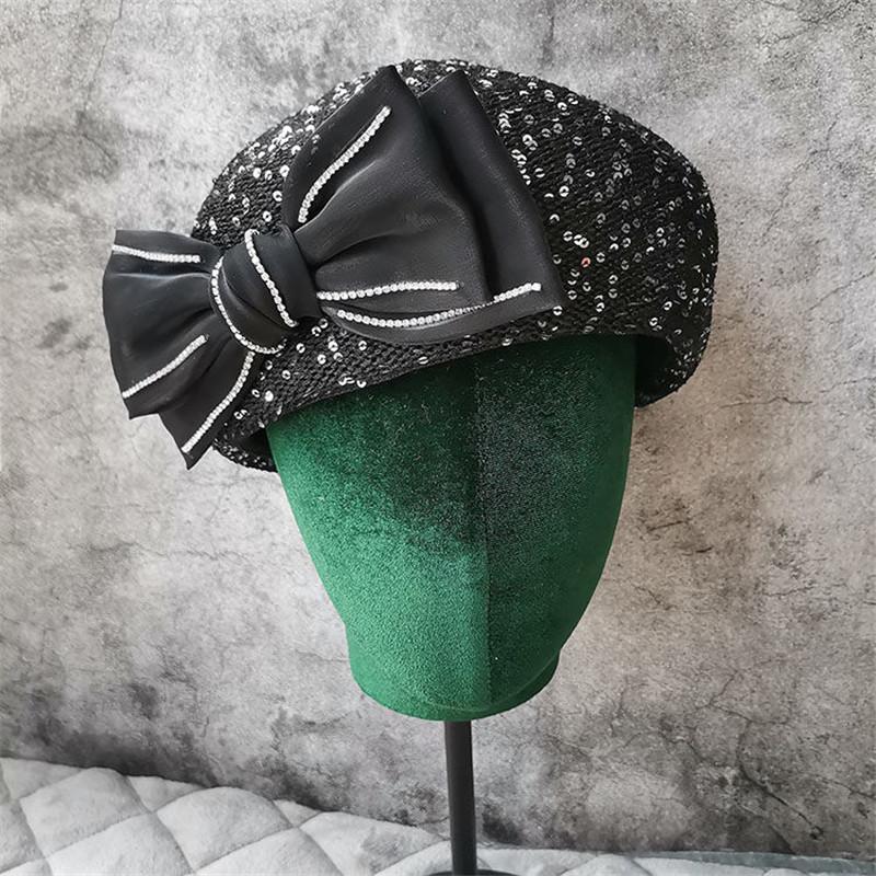 Ins шикарная летняя полиэстеровая дышащая атласная блестящая дрель с бантом, женский берет, женская шляпа художника для отдыха head size 57cm
