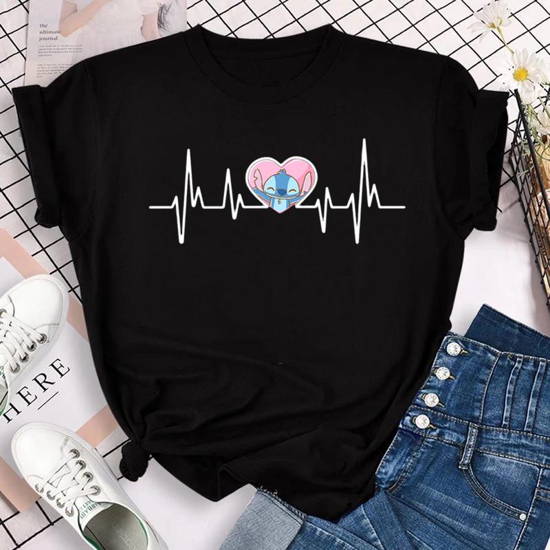 Дисней Кавайи Лило Стич Смешной Мультфильм Футболка Женщины Сшить Симпатичная Манга Футболка Графическая футболка Уличная одежда Топ Тройники Женский