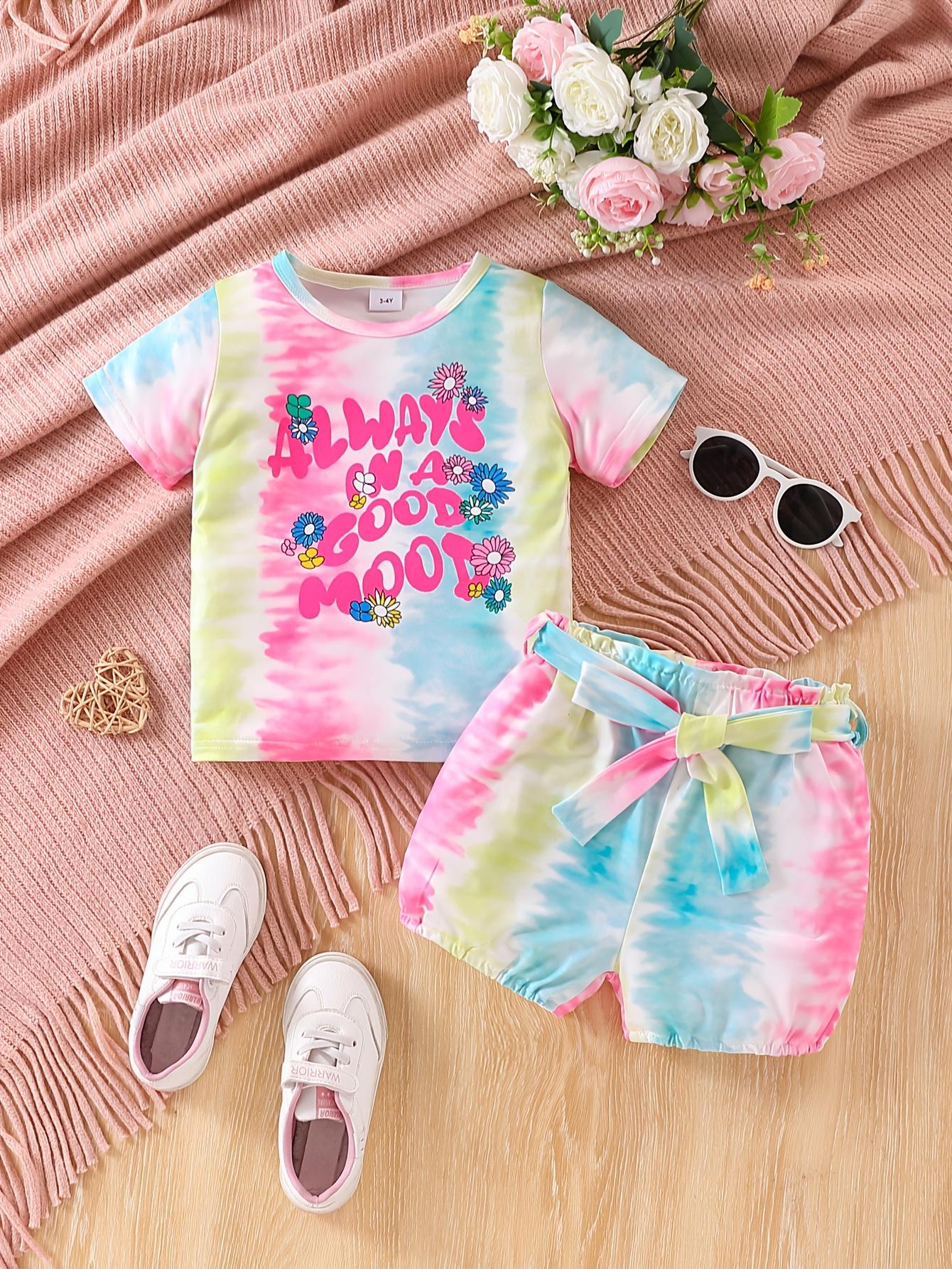 Two-piece summer short-sleeved girls small children s floral letter-printed top with tie-dye belt and short pants - fashionable girl s outfit 6-7Y
Two-piece summer short-sleeved girls small children s floral letter-printed top with tie-dye belt and short pants - fashionable girl s outfit 6-7Y