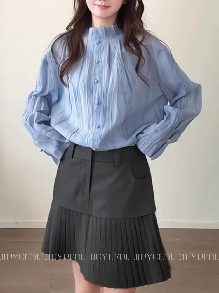 Women s Blue Stand Collar Shirt & Gray A-line Pleated Skirt Set - 2026 Spring Collection L
Women s Blue Stand Collar Shirt & Gray A-line Pleated Skirt Set - 2026 Spring Collection L