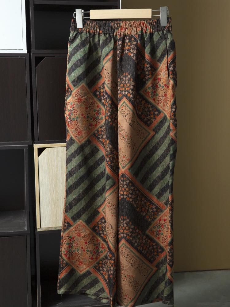 Ретро Дворец Женские Осенние Жаккардовые Брюки Широкие Штанины из Тутового Шелка - Эластичная Талия Повседневный Стиль One Size