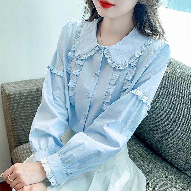 Blue Doll Collar Shirt Fashionable Lace Stitching Women s Long Sleeved Shirt Day Off Minimalist Women s Top 2XL синій
Blue Doll Collar Shirt Fashionable Lace Stitching Women s Long Sleeved Shirt Day Off Minimalist Women s Top 2XL синій