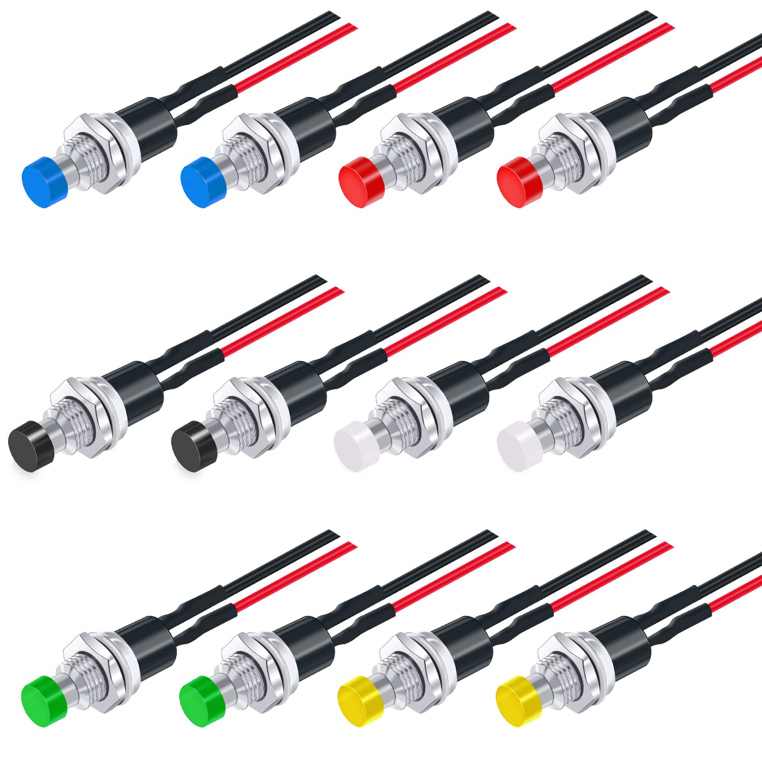 12Pcs 1A 250V AC 2 Pins SPST 6 Colours Normal Open Mini кнопковий перемикач із попередньо припаяними проводами PBS-110-X6C
12Pcs 1A 250V AC 2 Pins SPST 6 Colours Normal Open Mini кнопковий перемикач із попередньо припаяними проводами PBS-110-X6C