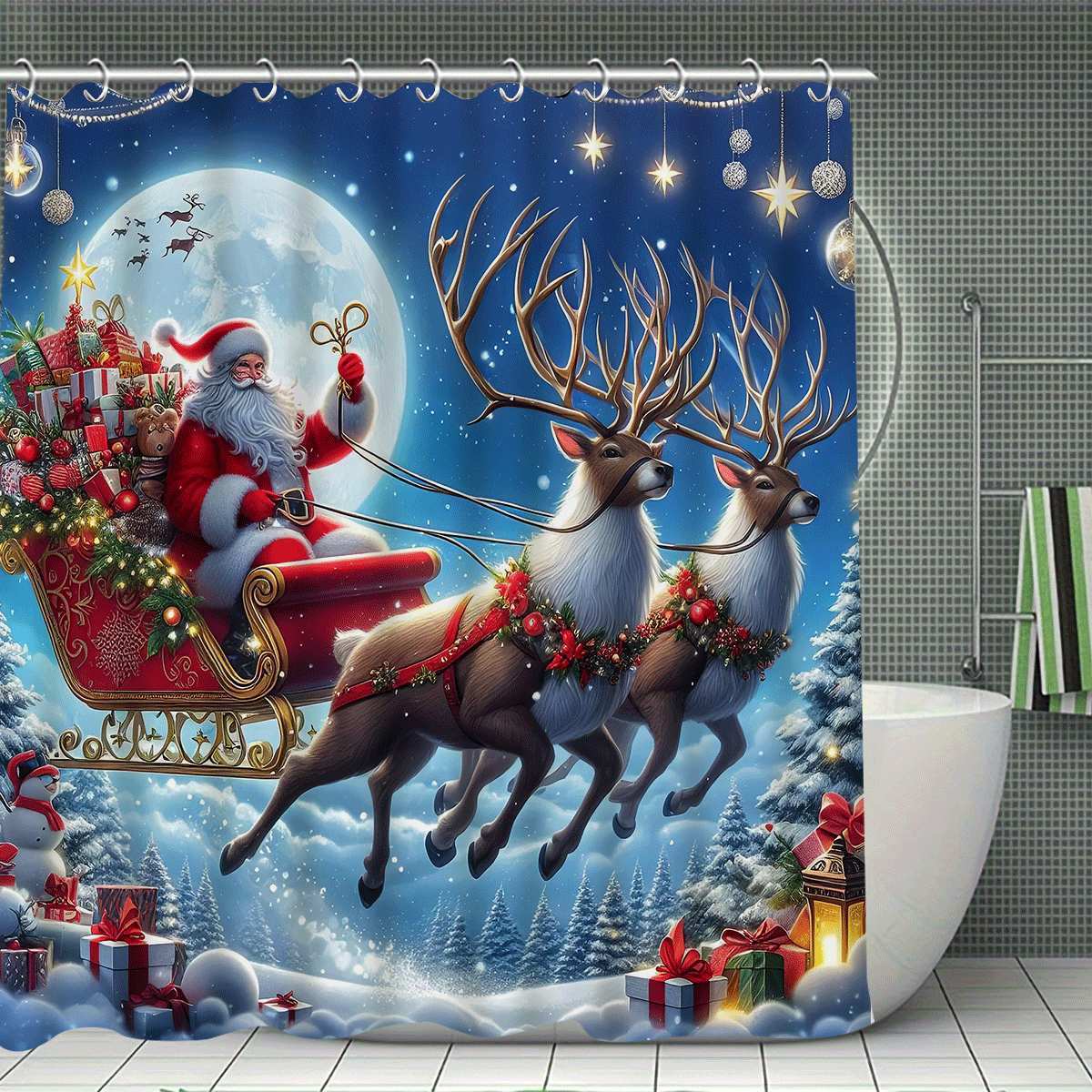 Счастливого Рождества 4 шт. Рождественские украшения набор шторки для душа, шторка для душа, коврик для ванной, U-образный коврик для туалета, туалет с 90x180cm
Счастливого Рождества 4 шт. Рождественские украшения набор шторки для душа, шторка для душа, коврик для ванной, U-образный коврик для туалета, туалет с 90x180cm