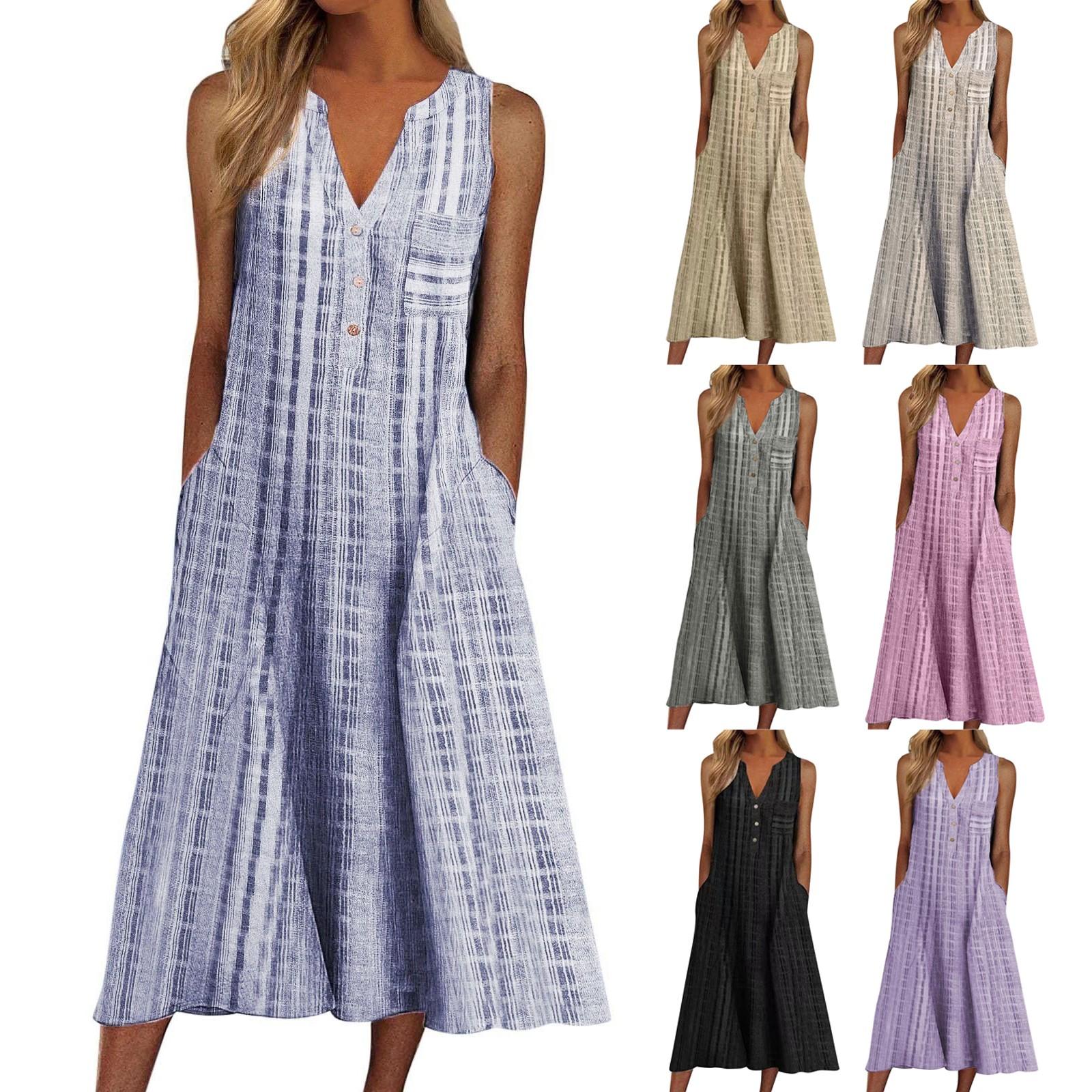 Women Casual Summer Stripe Button V Neck Sleeveless Pocket Holiday Dress Floral Sundress Midi Dress
Women Casual Summer Stripe Button V Neck Sleeveless Pocket Holiday Dress Floral Sundress Midi Dress